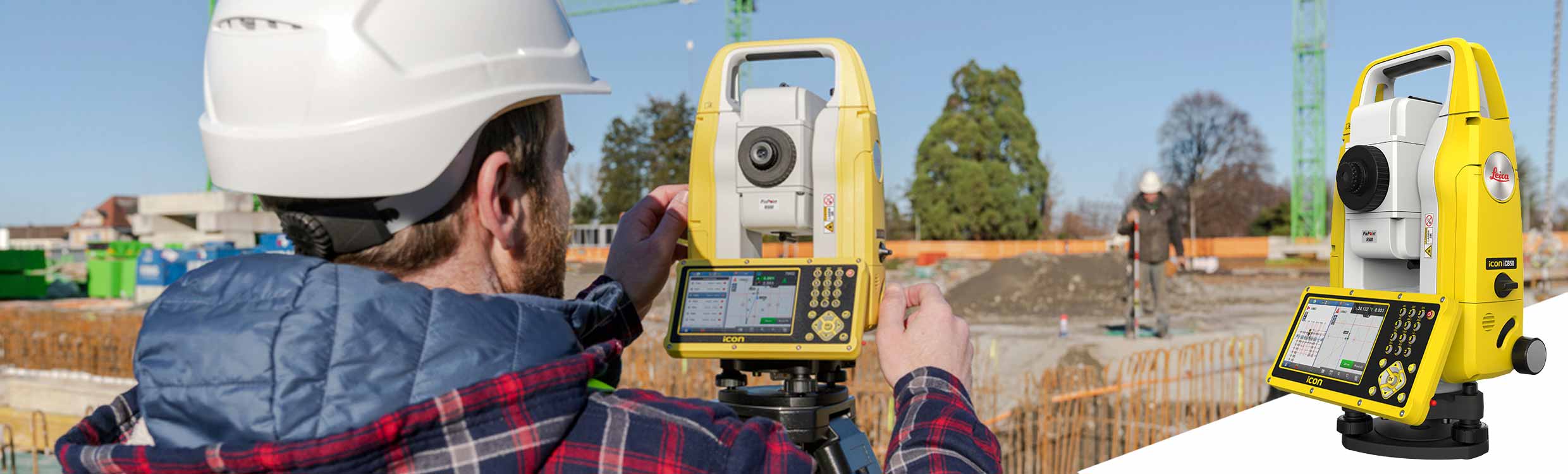 Construction workers work on outdoor building construction site with a Leica iCON iCB50 manual total station and a construction mini prism pole.